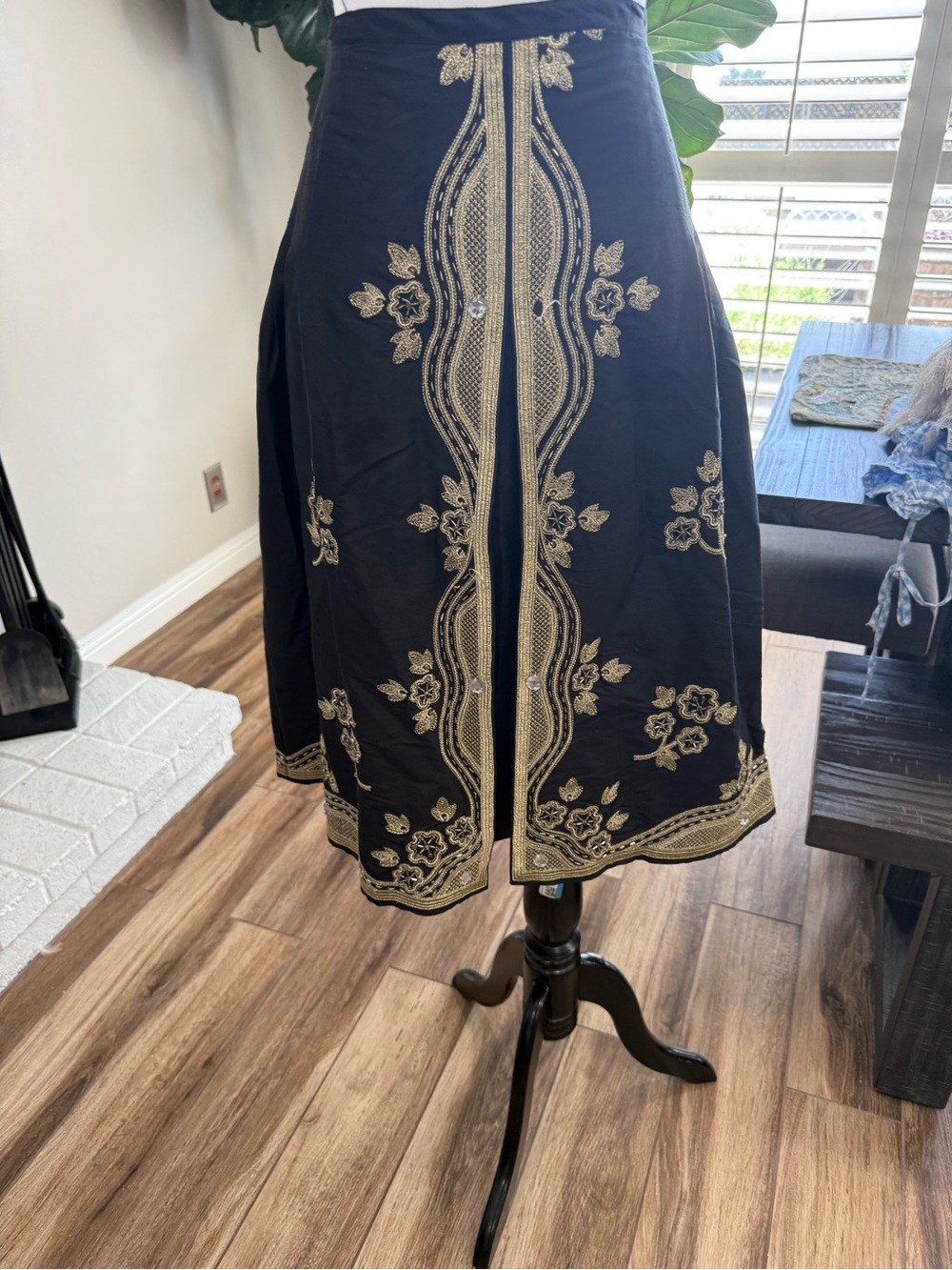 INC International Concepts Black A-Line Skirt with Gold Embroidered Accents